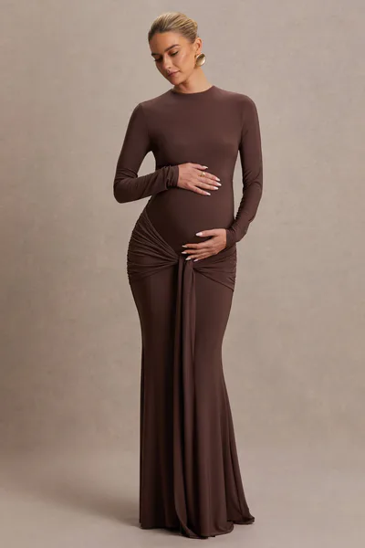 Club L London Aveny | Brown Crew-Neck Maternity Maxi Dress With Ruched-Detailing And Sash