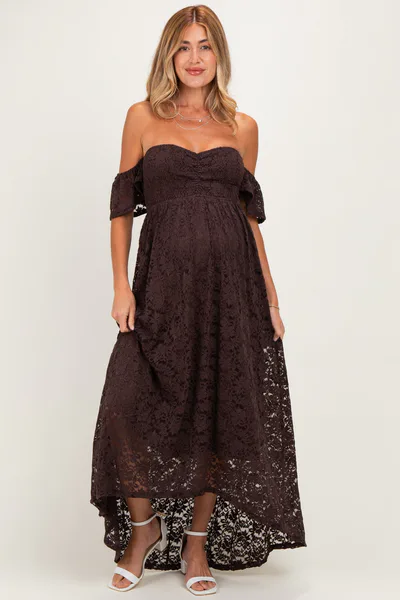 PinkBlush Brown Lace Off Shoulder Maternity Maxi Dress