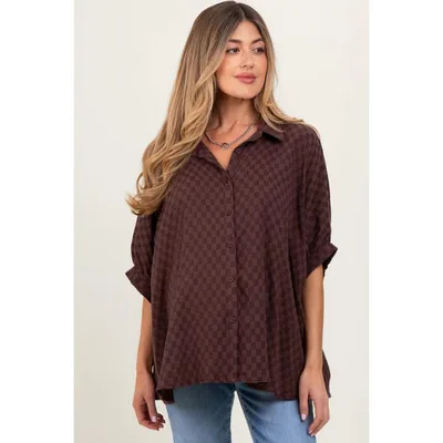 Target Pinkblush Brown Checker Print Short Sleeve Oversized Maternity Blouse XL