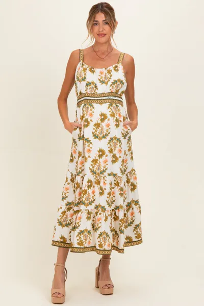 PinkBlush Olive Floral Sleeveless Tiered Maternity Maxi Dress