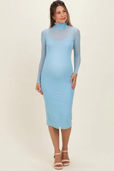 PinkBlush Blue Mesh Overlay Fitted Maternity Midi Dress