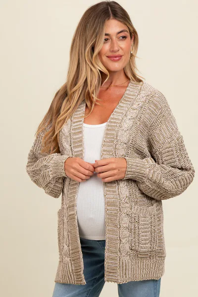 PinkBlush Olive Two Toned Oversized Cable Knit Maternity Cardigan