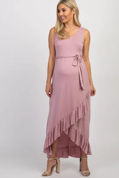 PinkBlush PinkBlush Mauve Sleeveless Hi-Low Ruffle Trim Maternity Maxi Dress
