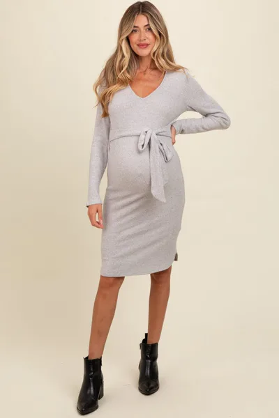 PinkBlush Heather Grey Ribbed Knit Long Sleeve Tie Waist Maternity Dress