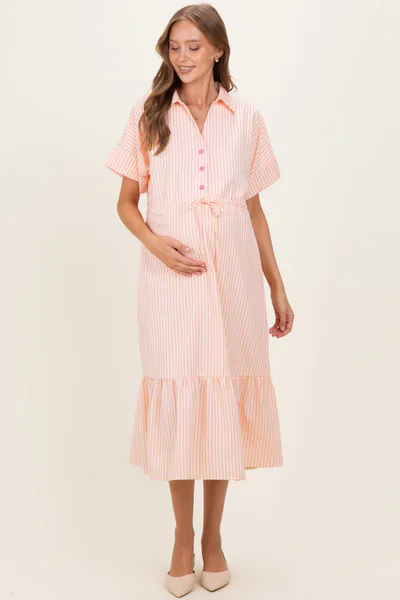 PinkBlush Yellow Striped Button Collared Maternity Midi Dress