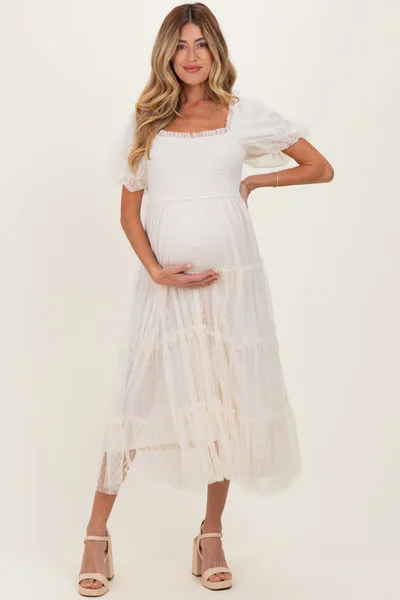 PinkBlush CreamTulle Puff Sleeve Smocked Maternity Midi Dress