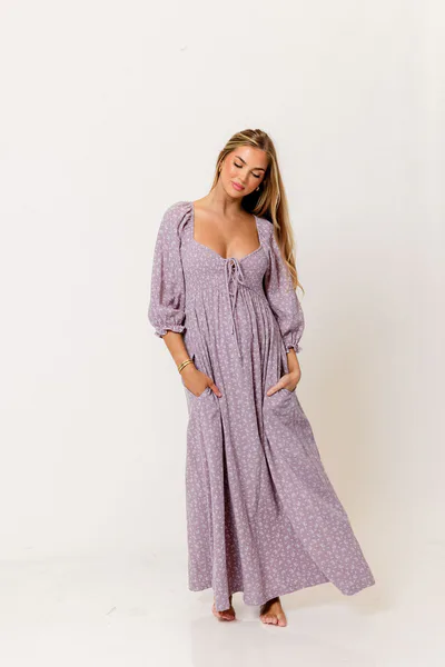 Worth Collective Cecilia 100% Cotton Smocked Maxi Dress in Wisteria Foliage - Bump Friendly