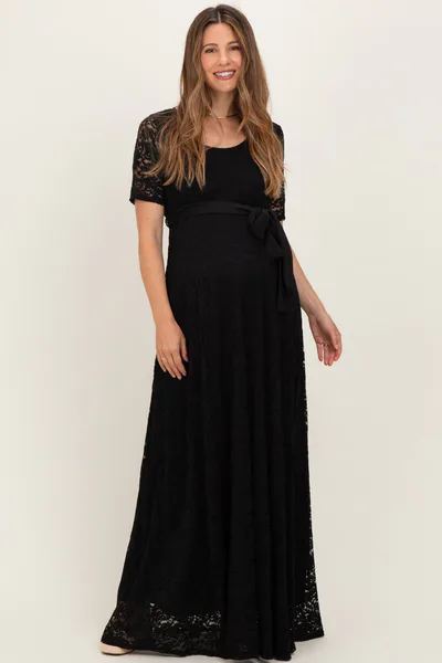 PinkBlush Black Lace Sash Tie Maternity Gown