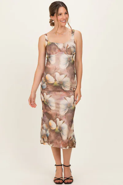 PinkBlush Taupe Mesh Floral Sleeveless Maternity Midi Dress