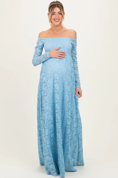PinkBlush Light Blue Floral Lace Long Sleeve Off Shoulder Maternity Maxi Dress