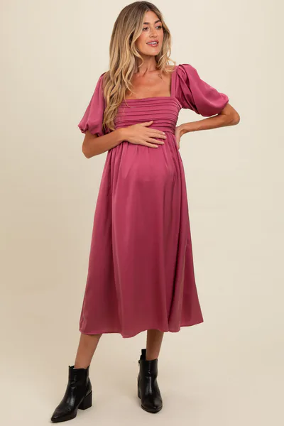 PinkBlush Mauve Satin Pleated Bodice Puff Sleeve Maternity Midi Dress