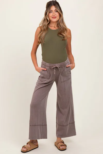 PinkBlush Mocha Mineral Wash Wide Leg Ankle Maternity Pants