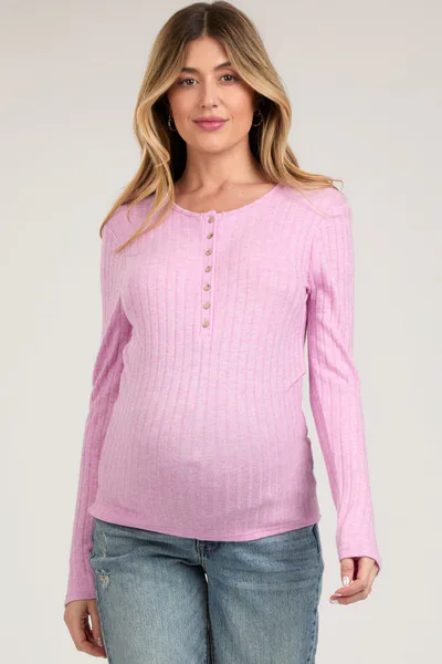 PinkBlush Pink Ribbed Knit Button Long Sleeve Maternity Top