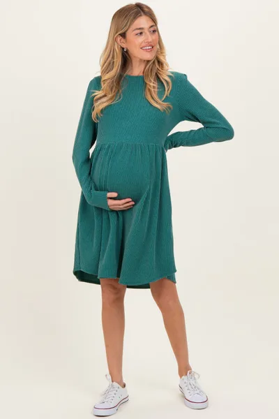 PinkBlush Forest Green Textured Rib Tiered Long Sleeve Maternity Dress