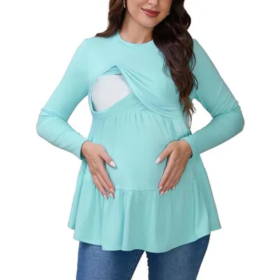 Target INSPIRE CHIC Womens Nursing Shirts Breastfeeding Tiered Pleated Tunic Long Sleeve Stretchy T-Shirt Postpartum Maternity Small Blue