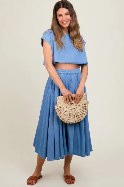 PinkBlush Blue Chambray Crop Top and Skirt Maternity Set