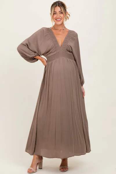 PinkBlush Mocha Solid Long Sleeve V-Neck Smocked Detail Maternity Maxi Dress