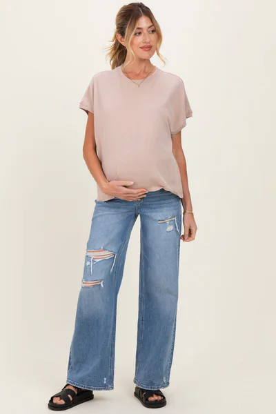 PinkBlush Blue Distressed Open Knee Maternity Wide Leg Jeans