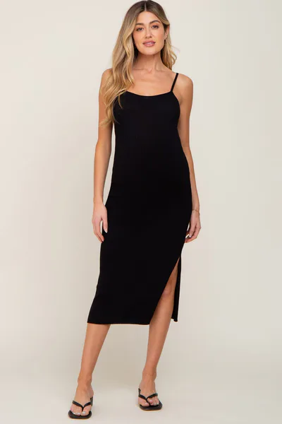PinkBlush Black Ribbed Knit Side Slit Maternity Midi Dress