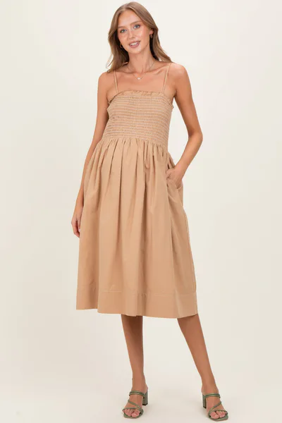 PinkBlush Light Taupe Shoulder Tie Smocked Maternity Midi Dress