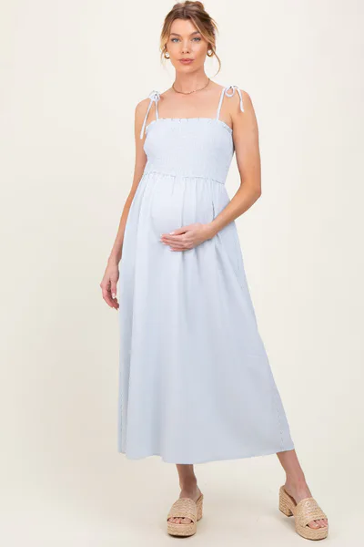 PinkBlush Blue Striped Shoulder Tie Smocked Maternity Maxi Dress