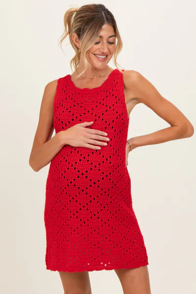 PinkBlush Red Boat Neck Sleeveless Crochet Maternity Dress