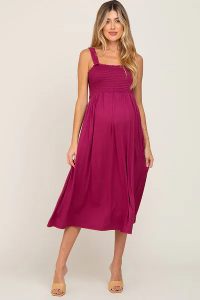 PinkBlush Magenta Smocked Ruffle Strap Maternity Midi Dress