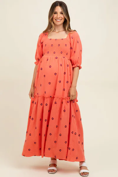 PinkBlush Orange Floral Smocked Puff Sleeve Maternity Maxi Dress