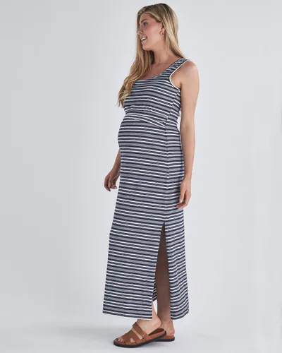Angel Maternity Busy Mama Nursing Maxi Dress in Dark Navy Stripes