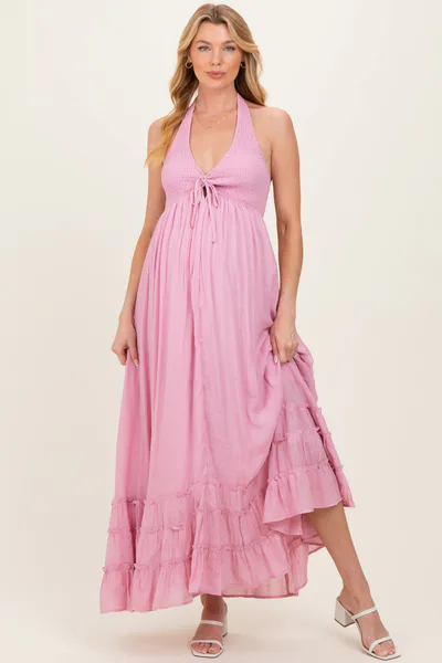 PinkBlush Pink Halter Neck Smocked Maternity Maxi Dress