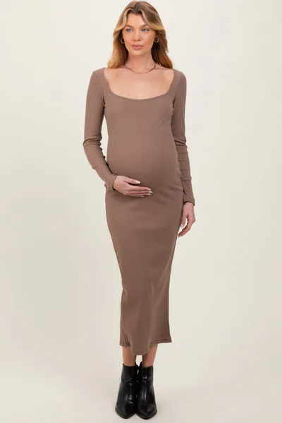 PinkBlush Taupe Square Neck Rib Long Sleeve Maternity Maxi Dress