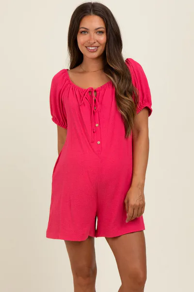 PinkBlush Fuchsia Button Up Front Tie Puff Sleeve Maternity Romper