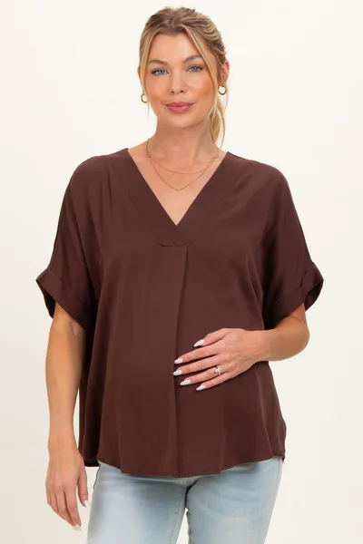 PinkBlush Brown V-Neck Pin-Tuck Detail Maternity Top