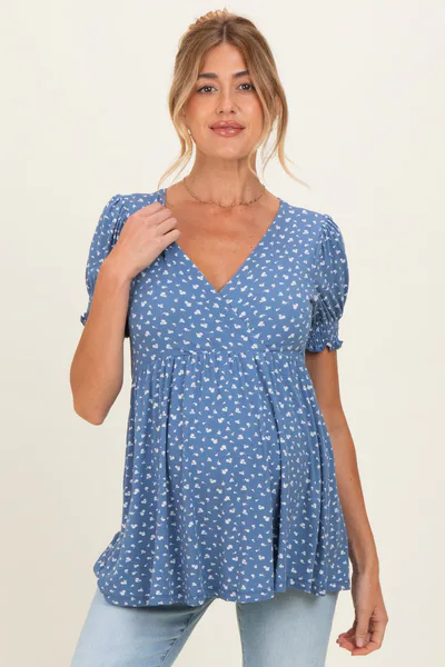 PinkBlush Blue Ditsy Floral Smocked Sleeve Maternity Wrap Top