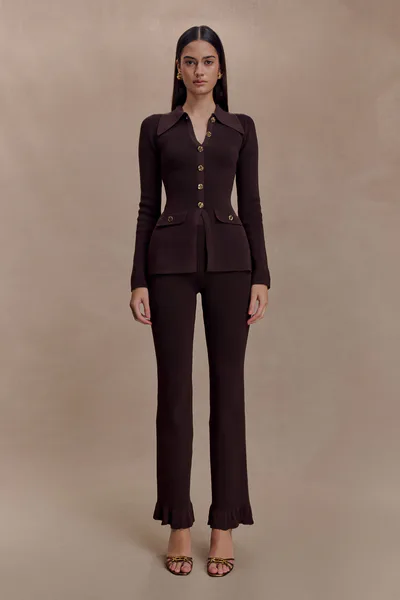 MESHKI Suzie Ribbed Flared Pants - Chocolate