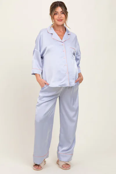 PinkBlush Light Blue Satin Contrast Trim Pajama Pant Maternity Set