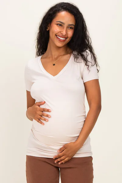PinkBlush Beige V-Neck Ruched Side Maternity Top