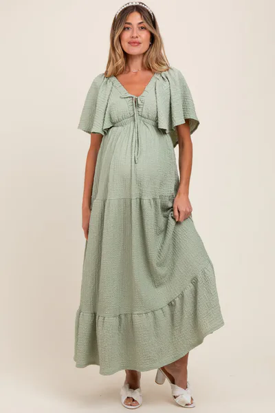 PinkBlush Sage Woven Textured Flutter Sleeve V-Neck Tiered Maternity Maxi Dress