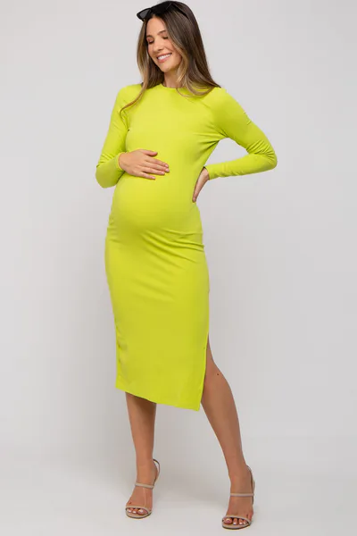 PinkBlush Lime Ribbed Mock Neck Long Sleeve Maternity Midi Dress