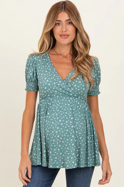 PinkBlush Olive Ditsy Floral Smocked Sleeve Maternity Wrap Top
