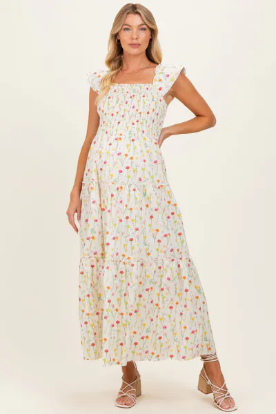 PinkBlush Cream Floral Smocked Maternity Maxi Dress
