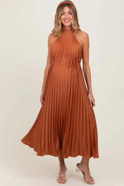 PinkBlush Mocha Pleated Maternity Halter Dress