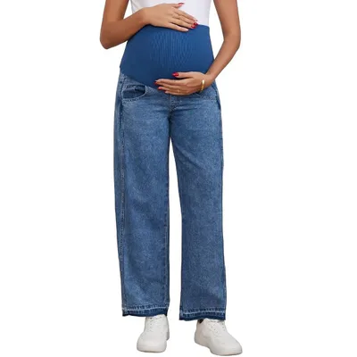 Target INSPIRE CHIC Women's Maternity Denim Pants Wide Leg Over the Belly Support Loose Straight Pregnancy Jeans with Pockets Large Blue