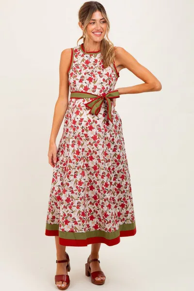 PinkBlush Cream Floral Contrast Trim Sleeveless Maternity Midi Dress