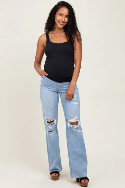 PinkBlush Light Blue 90'S Vintage Super High Rise Flare Maternity Jeans