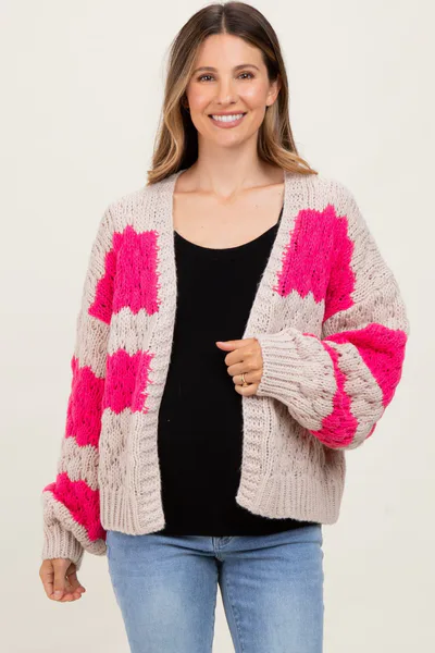 PinkBlush Pink Colorblock Chunky Knit Open Maternity Cardigan