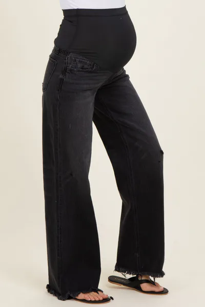 PinkBlush Black Frayed Hem Wide Leg Maternity Jeans