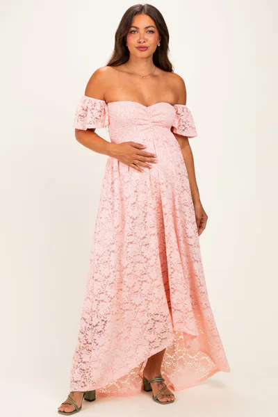 PinkBlush Light Pink Lace Off Shoulder Maternity Maxi Dress