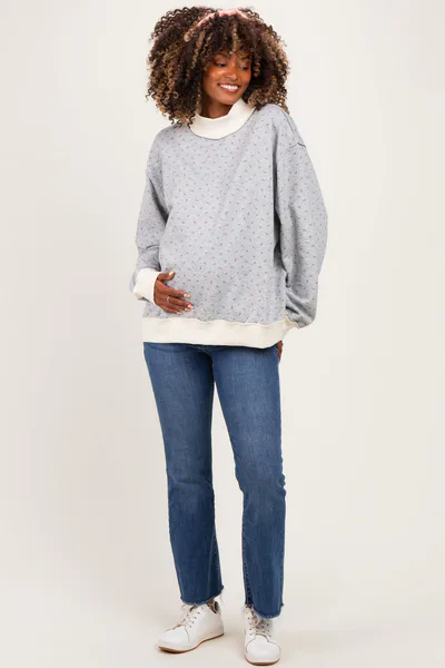 PinkBlush Heather Grey Floral Mock Neck Drop Shoulder Maternity Pullover
