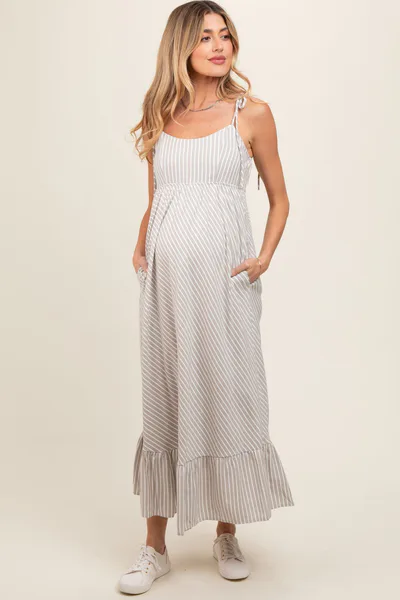 PinkBlush Beige Striped Tie Strap Maternity Maxi Dress